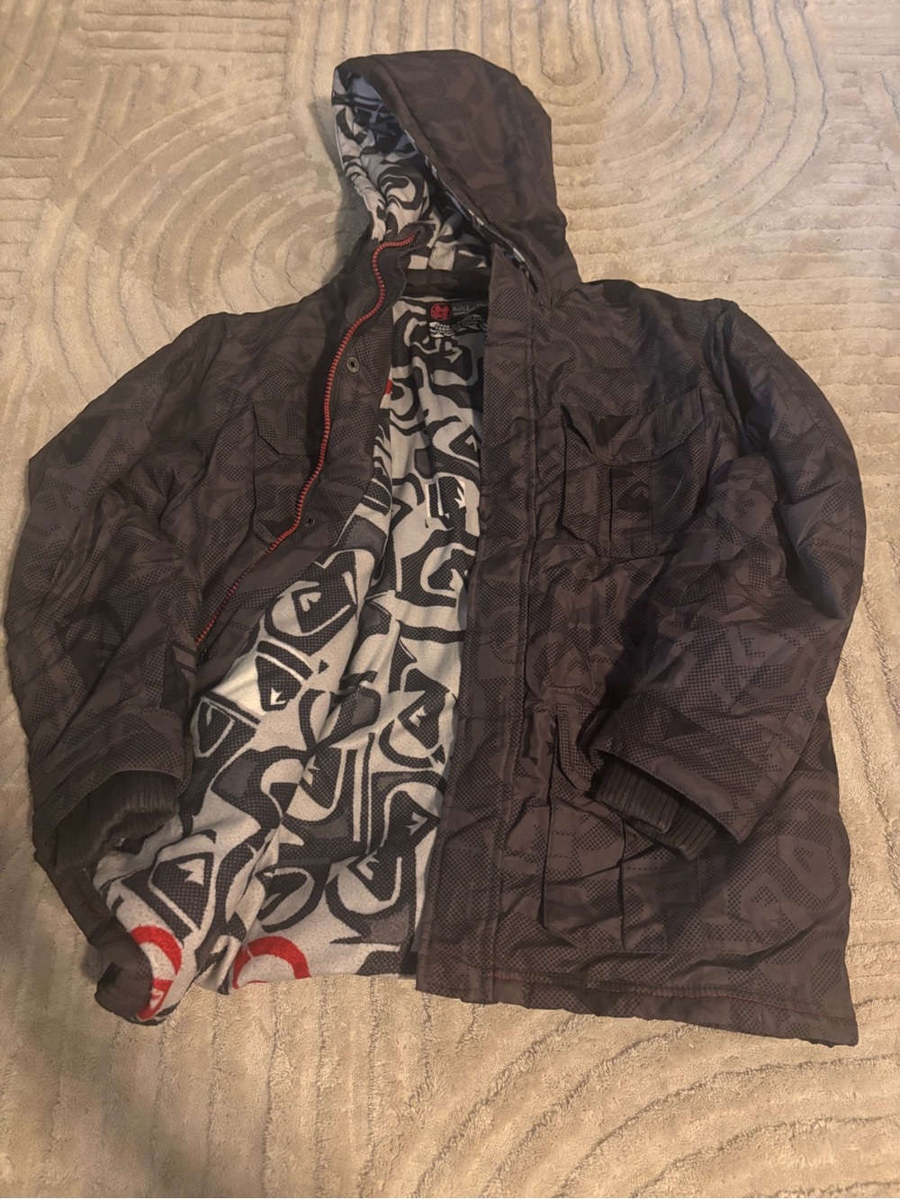 Quiksilver Boys' Hooded Puffer Jacket - Charcoal Gray with Patterned Lining